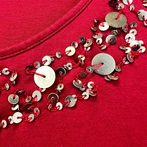 J Jill Womens Gilded Tee T-Shirt Red Long Sleeve Scoop Neck Embellished Sequin M - Picture 7 of 11